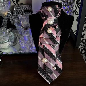 Pink and Black Striped Tie with Pearls